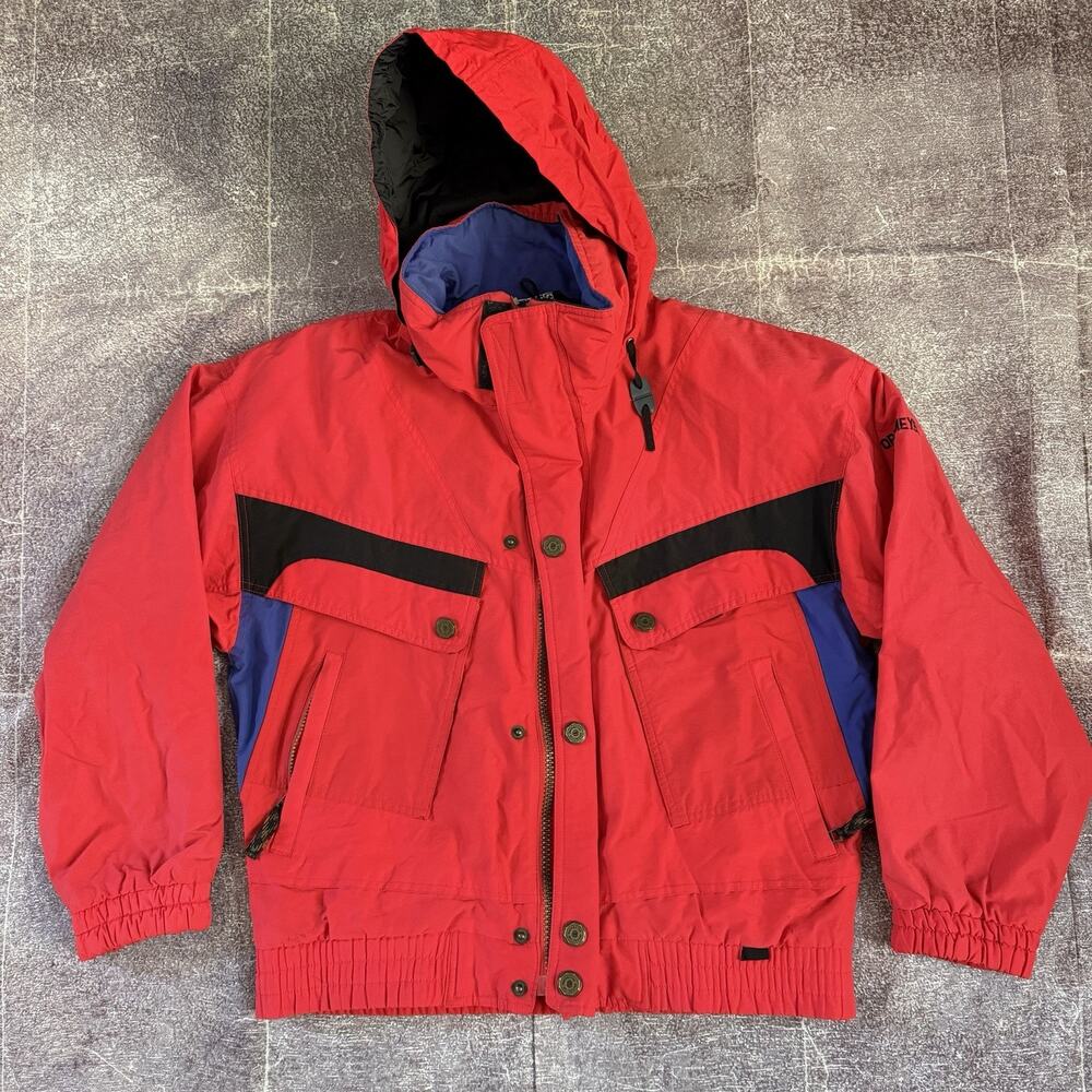 Men's Vintage 90's Obermeyer Skiwear Red Blue Black Zip Up Ski Coat Jacket Sz S